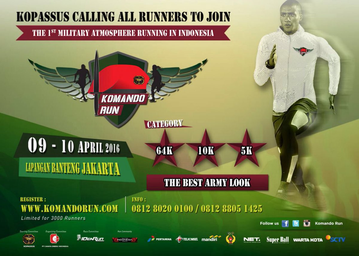 Kopassus calling all Runners To Joint #KomandoRun. Acara ini didukung sepenuhnya oleh <a href="/SCTV_/">SCTV</a>  <a href="/penkopassus/">KOPASSUS</a>
