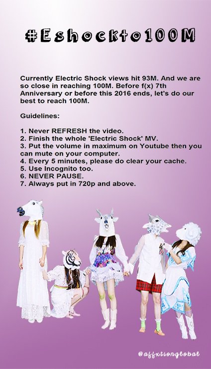 AffxtionGlobal's tweet photo. [PROJECT] #Eshockto100M - MeU's All over the world! Let's give f(x) a gift by increasing views. Guidelines below. https://t.co/jwRPnX6or8