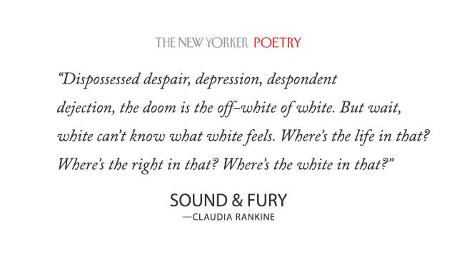 Claudia rankine's poem “sound & fury” is featured in this week's issue