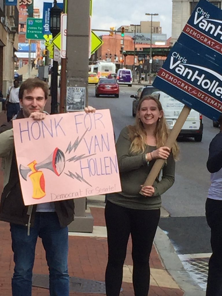 rita_mae_kelly's tweet photo. Happy Maryland Day from #teamvanhollen! Out here in beautiful Baltimore city cheering on #CVH!! @teamvanhollen https://t.co/QfpGA1YlAg