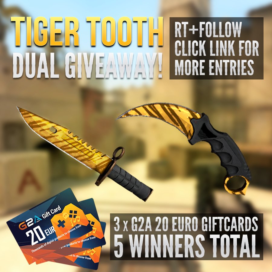csgolounge's tweet photo. DUAL TIGER TOOTH GIVEAWAY! 😱😱😱

RT+Follow, more entries here: https://t.co/WD8JyhJAhm 

Best of luck! 👍 https://t.co/5ZtAVlgn6i