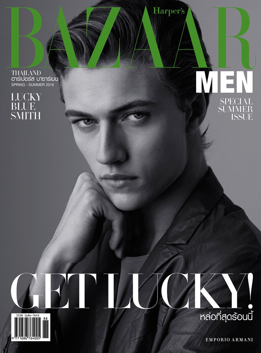 armani's tweet photo. .@LuckyBSmith piercing the lens of the camera in an #EmporioArmani look on the cover of Harper’s Bazaar Men Thailand https://t.co/N30j6U1WPD