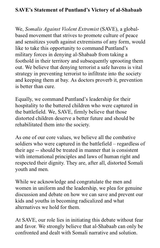 save_int's tweet photo. SAVE's statement of Puntland's victory of Al Shabaab! #SaveSomalis @AbdihakimAinte @adammatan https://t.co/BfI9I7BYUm