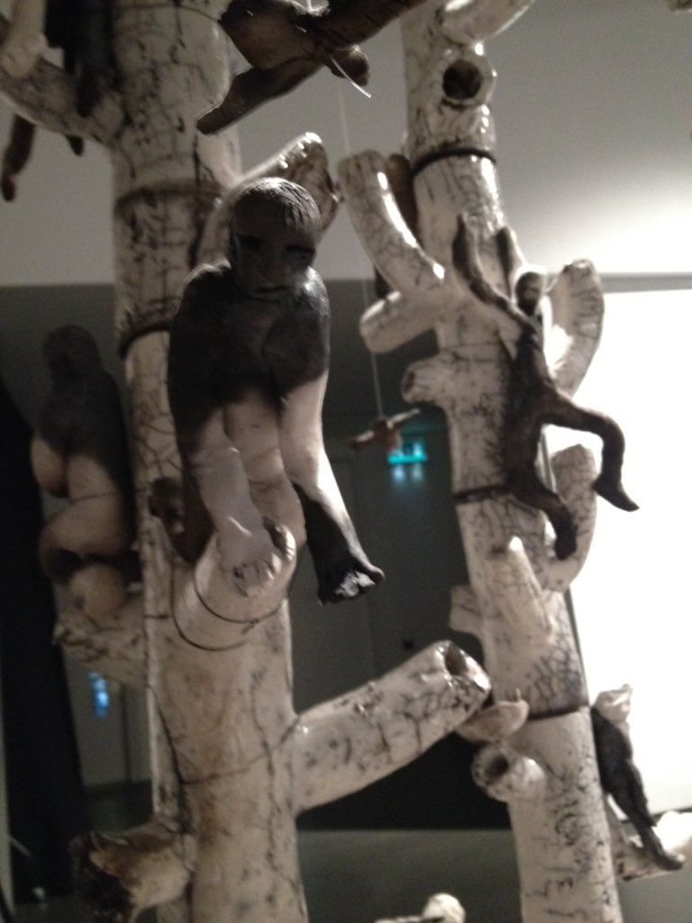 Shingle_beach's tweet photo. Figures climb the raku trees. Birds are alarmed they will pinch their eggs #standrewsprep @Townergallery https://t.co/WciWCjga1r
