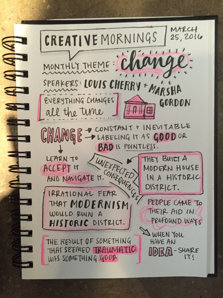 christiemont's tweet photo. Change is good. Notes from #cmral talk with @LCArchitecture and Marsha Gordon. @Raleigh_CM https://t.co/TLI7AYPa6H