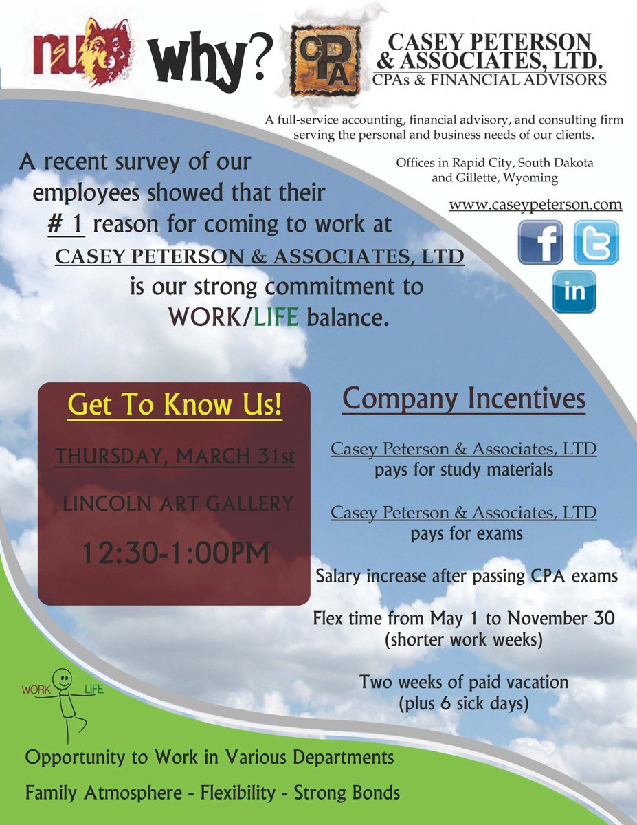 Thursday March 31st 12:30-1:00 Lincoln 115- Casey Peterson &amp; Associates, LTD will be on campus.#nsu