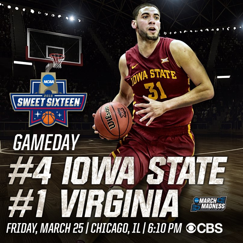 CycloneATH's tweet image. It's GAME DAY #cyclONEnation! Tune in to CBS at 6:10pm to cheer on @CycloneMBB against Virginia.  #SweetSixteen