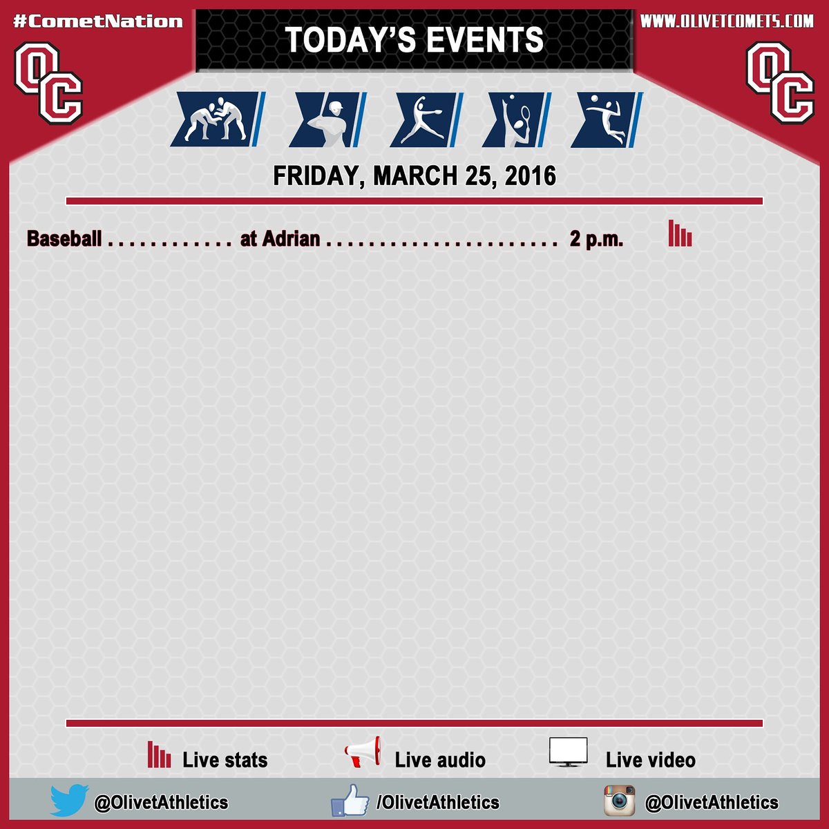 GameDay for <a href="/Olivet_baseball/">OC Comets Baseball</a> today at Adrian. Follow the doubleheader, starting at 2 p.m.