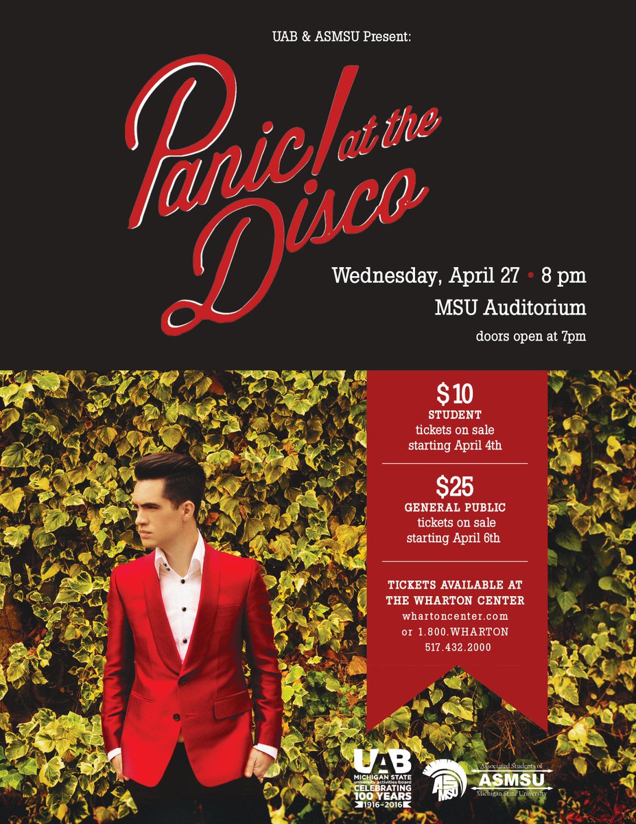 ASMSU's tweet photo. ANNOUNCING: @UABatMSU &amp; @ASMSU present @PanicAtTheDisco coming to @MichiganStateU on April 27 https://t.co/joOlReF3Cx