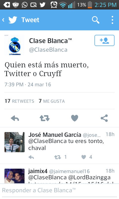 fcnanlaab's tweet photo. Esta cuenta es basura.No habla de futbol,solo pone burradas.Ayudadme a cerrarle la cuenta! RT por favor
@ClaseBlanca https://t.co/2rPHtO7wNx