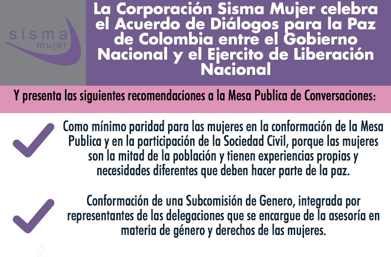 SismaMujer's tweet photo. Las mujeres son el 50%,tienen experiencias propias y necesidades diferentes que deben hacer parte de la paz. https://t.co/53ea8H58wX