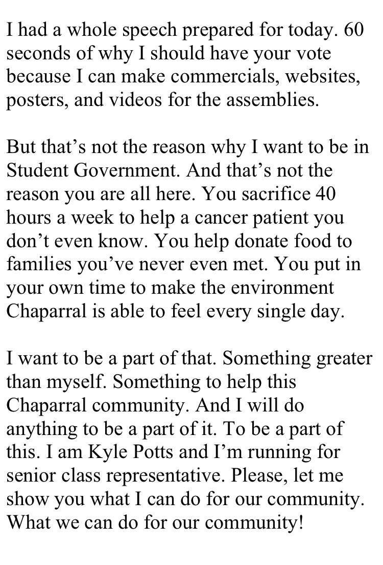 KylePotts_'s tweet photo. Here's the reason why I want to be elected. This is my speech I performed for stugo. for the Extra Mile. #StuGo2016 https://t.co/B5Hc99bQtA