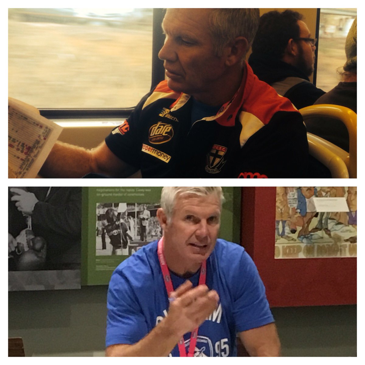 triplemfooty's tweet photo. Have a look at Spud's attire on the train #flog #SaturdayRub https://t.co/n8FwYygw02
