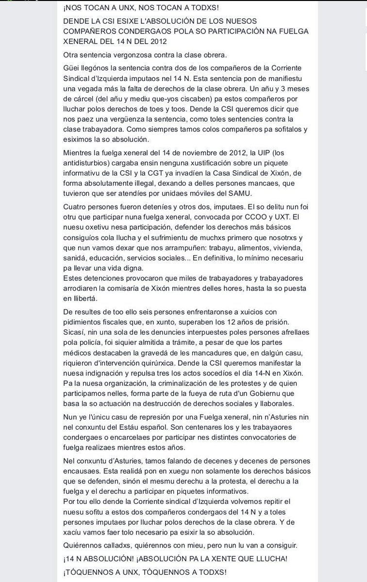 SindicalismuAst's tweet photo. La CSI énte la conderga a 1 añu y 3 meses de cárcel a dos compañeros #14PAbsolución https://t.co/FBr7zyVOlw https://t.co/uTDC3Ph1eI