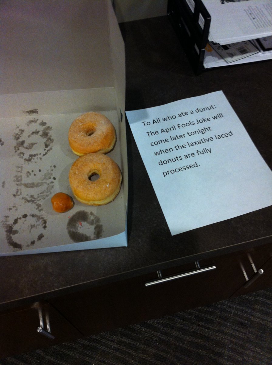 RealUnreachabl3's tweet photo. Apparently putting this sign out hours after you gave the office doughnuts is frowned upon.#AprilFoolsFails #Fired https://t.co/diby0Chd8d