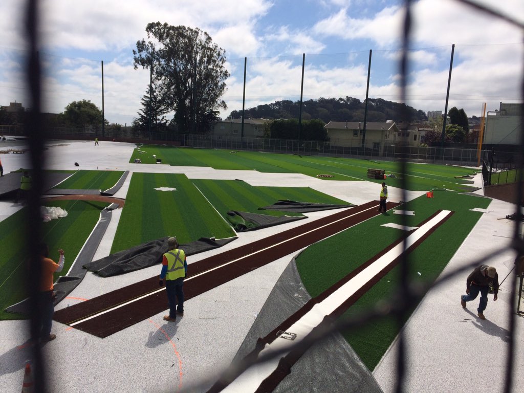 JanieMcCAP's tweet photo. Turf going down & Benedetti Diamond is looking good, @SFDonsBaseball. It's going to be great for team of @CoachG32. https://t.co/IHTcoFZfU6