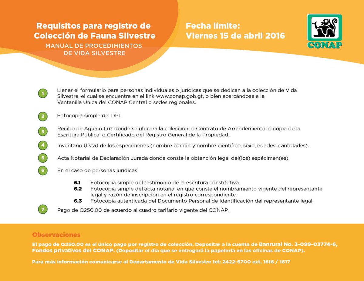 CONAPgt's tweet image. Recordamos los requisitos para el Registro de Colecciones de Fauna Silvestre. Fecha límite: 15 de abril
