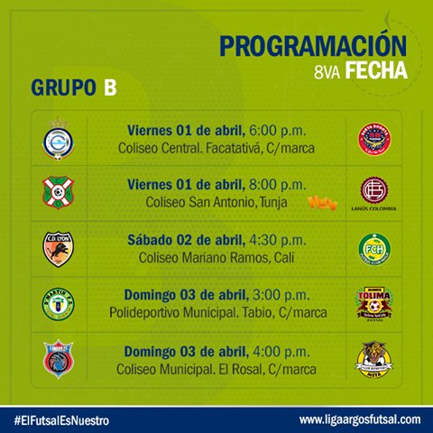Liga Argos Futsal (@ligaargosfutsal) on Twitter photo Un par de horas faltan para el inicio de la #Fecha8. ¡No olvides sintonizar <a href="/WinSportsTV/">Win Sports</a> a partir de las 8! Un par de horas faltan para el inicio de la #Fecha8. ¡No olvides sintonizar <a href="/WinSportsTV/">Win Sports</a> a partir de las 8!