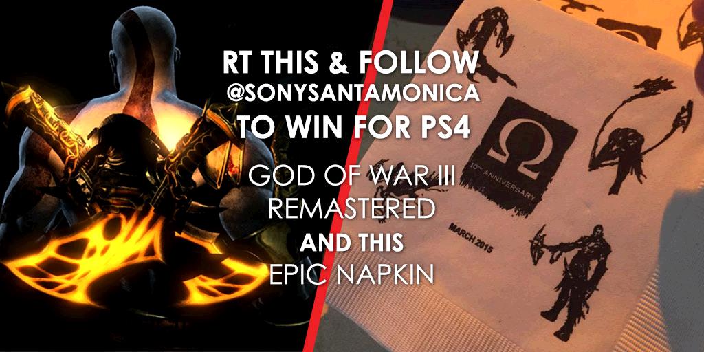 SonySantaMonica's tweet image. RD4! RT &amp;amp; FOLLOW to win God of War III #PS4 and this LEGENDARY NAPKIN #smscontestentry bit.ly/1PJ0As8