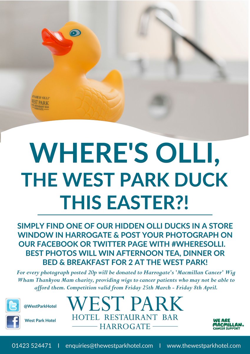 The West Park Hotel (@westparkhotel) on Twitter photo Have you found Olli our yellow duck? Pls RT <a href="/no_fixed_plans/">Meera Dattani</a> <a href="/RoughGuides/">Rough Guides</a> #harrogate :) #wheresolli <a href="/macmillancancer/">Macmillan Cancer Support</a> Have you found Olli our yellow duck? Pls RT <a href="/no_fixed_plans/">Meera Dattani</a> <a href="/RoughGuides/">Rough Guides</a> #harrogate :) #wheresolli <a href="/macmillancancer/">Macmillan Cancer Support</a>