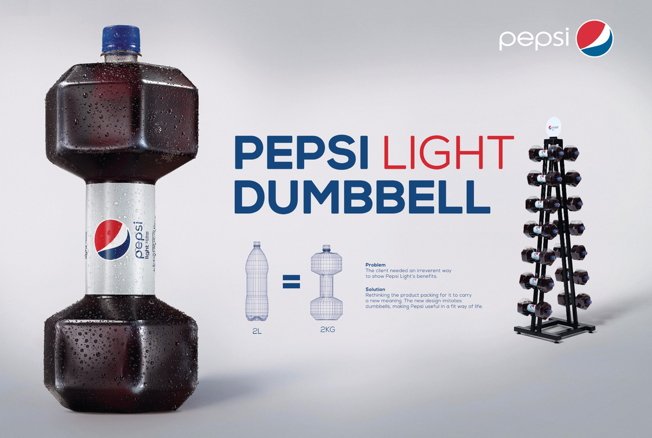 Adweek's tweet photo. Pepsi Light creates a dumbbell bottle, so you can guzzle soda while you work out. https://t.co/sJux948DWg https://t.co/5726URtFAh