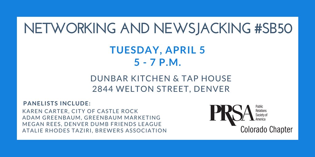 Michelle_Ellis's tweet photo. @GreenbaumDigi Looking fwd to @5280Adam speaking on the @PRSAcolo panel next week on effectively newsjacking #SB50. https://t.co/i2Rmbxb7ig