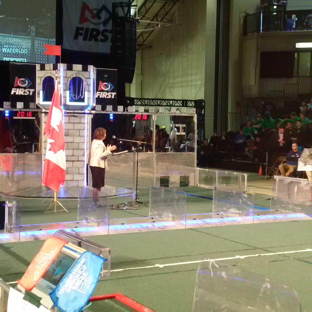 bestacey's tweet photo. MPP @kathryn_mcgarry speaks to a packed house at @canfirst competition @uwaterloo #omgrobots #uwaterlooinnovation https://t.co/62uqgp90BE