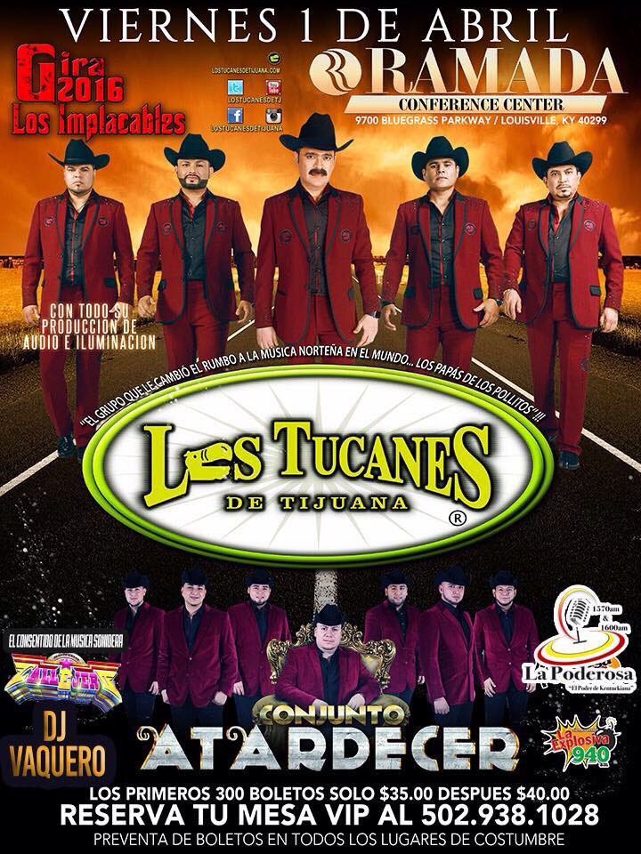 LTDT_Austin's tweet photo. HOY VIERNES 01 DE ABRIL 2016 EN RAMADA CONFERENCE CENTER EN LOUISVILLE, KY. @LosTucanesDeTJ @AlmaNav76226132 https://t.co/AdYMdSwWdh