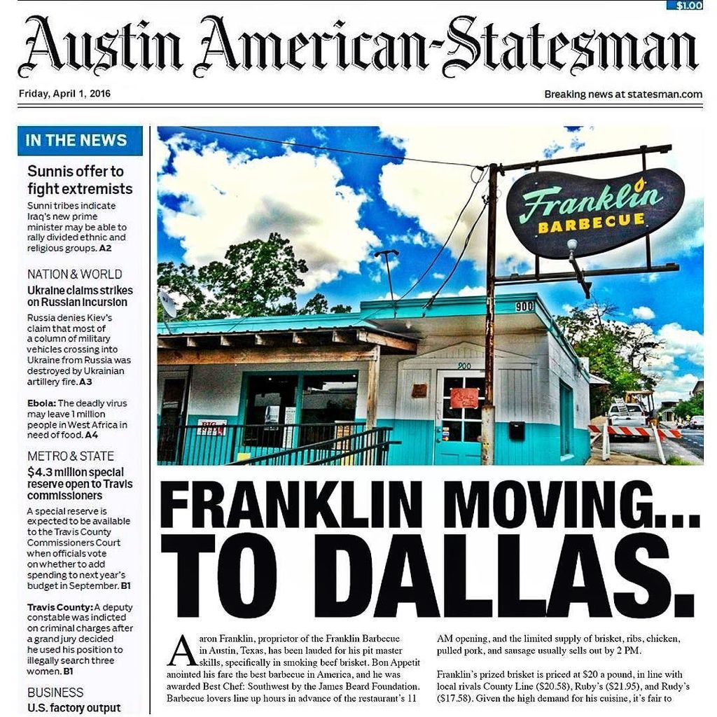 InstAustinTX's tweet photo. @franklinbbq moving to Dallas?!? #aprilfools • #austinite #austin #atx #austintx #austinte… https://t.co/jtPEZB9XTG https://t.co/oiAu6xGhEU