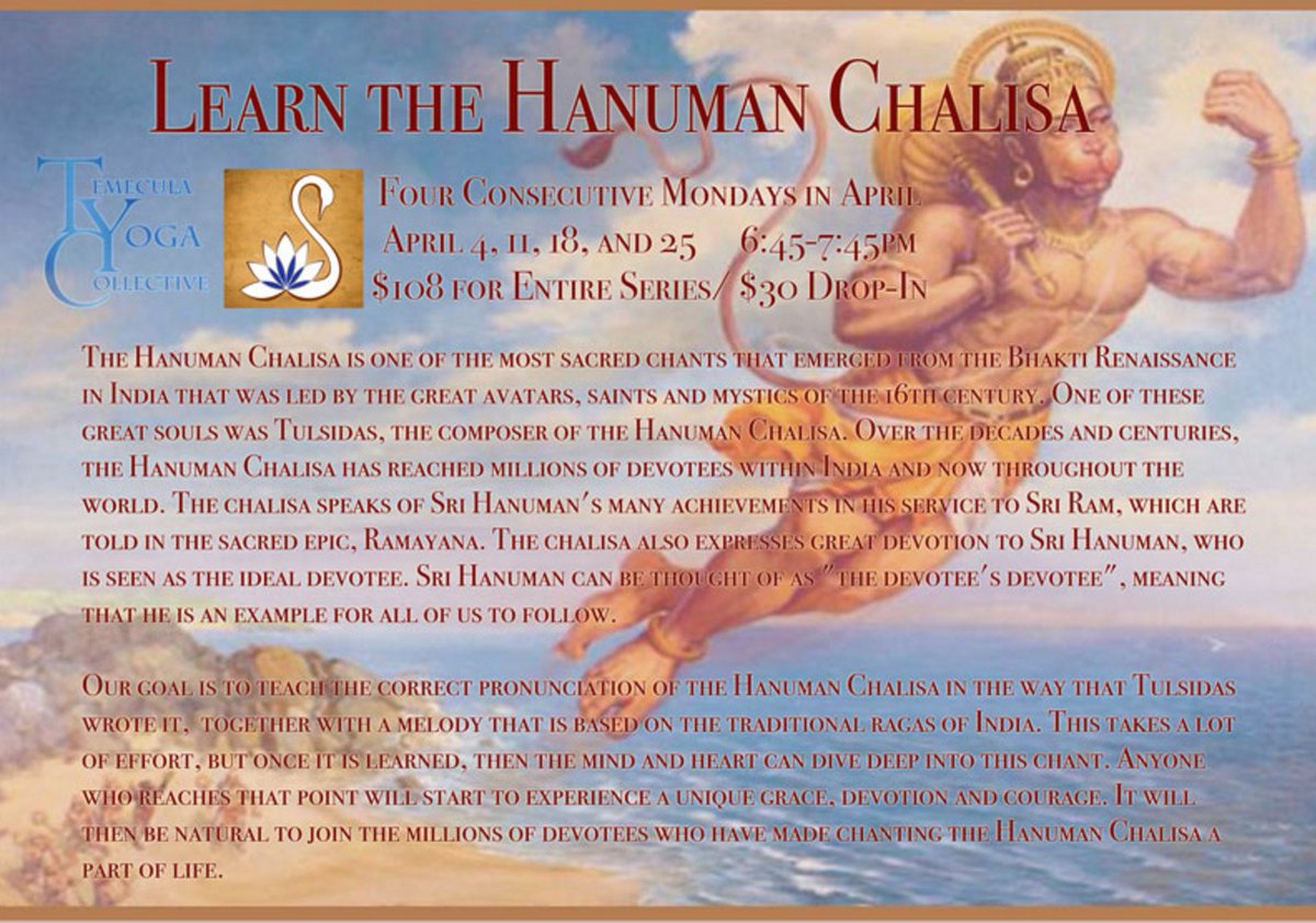 yogaTYC's tweet photo. Learn the Hanuman Chalisa! Starting this Monday! sthttp://ow.ly/102EZf #temecula #yoga #chanting https://t.co/WF2P9KuPFD