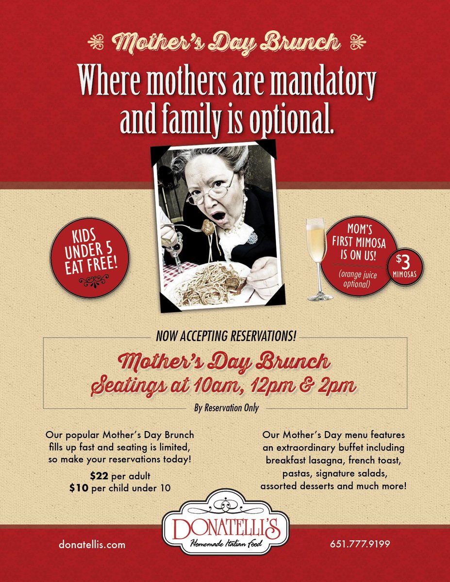 Bring mom to Donatelli’s for a spectacular #MothersDay Brunch and a free mimosa! Make your reservations today!