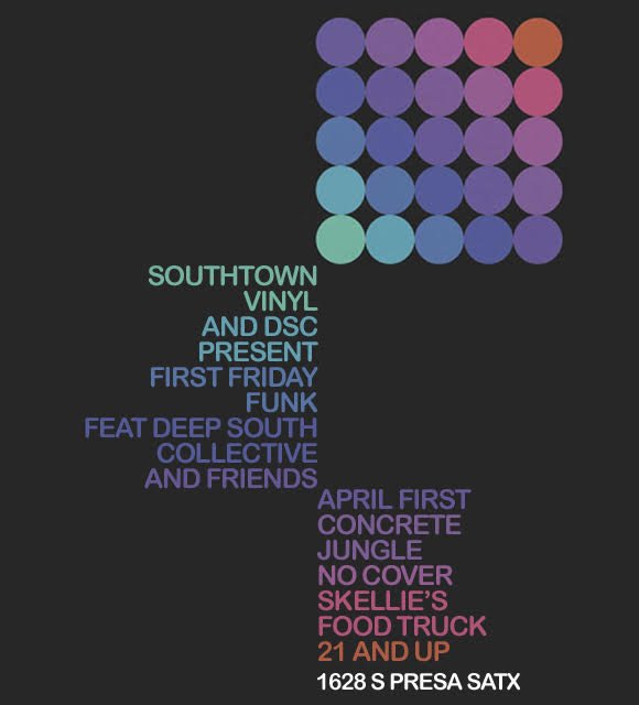 Do210's tweet photo. TONIGHT: @SouthtownVinyl + #DeepSouthCollective #FirstFridayFunk FREE at #ConcreteJungle -> https://t.co/ghcGVjdYRH https://t.co/WrjSLucDmt