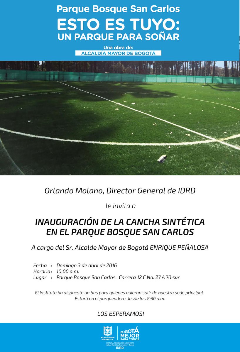 JinnaSarmient's tweet photo. @Bogota Esto es tuyo:un parque para soñar con @RecreoviaIDRD celebra inauguracion canchasintetica #PqBosqueSanCarlos https://t.co/7yidf5a5TK