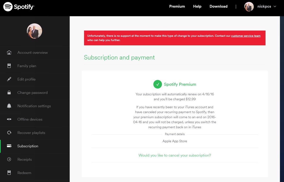 NickPCs's tweet photo. @SpotifyCares I am trying to upgrade to a family account and I'm getting this message. Please help ASAP! https://t.co/MGDN4Z6z8R