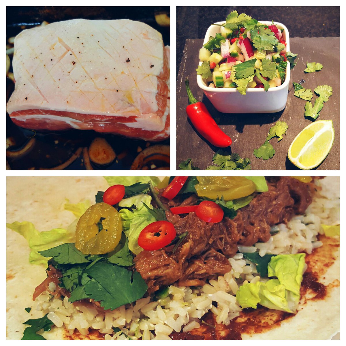 ChiliFiesta's tweet photo. First foray into authentic Mexican cooking. Five hour slow cooked pulled pork burritos with pomegranite salsa. https://t.co/yjB1UDsPeM