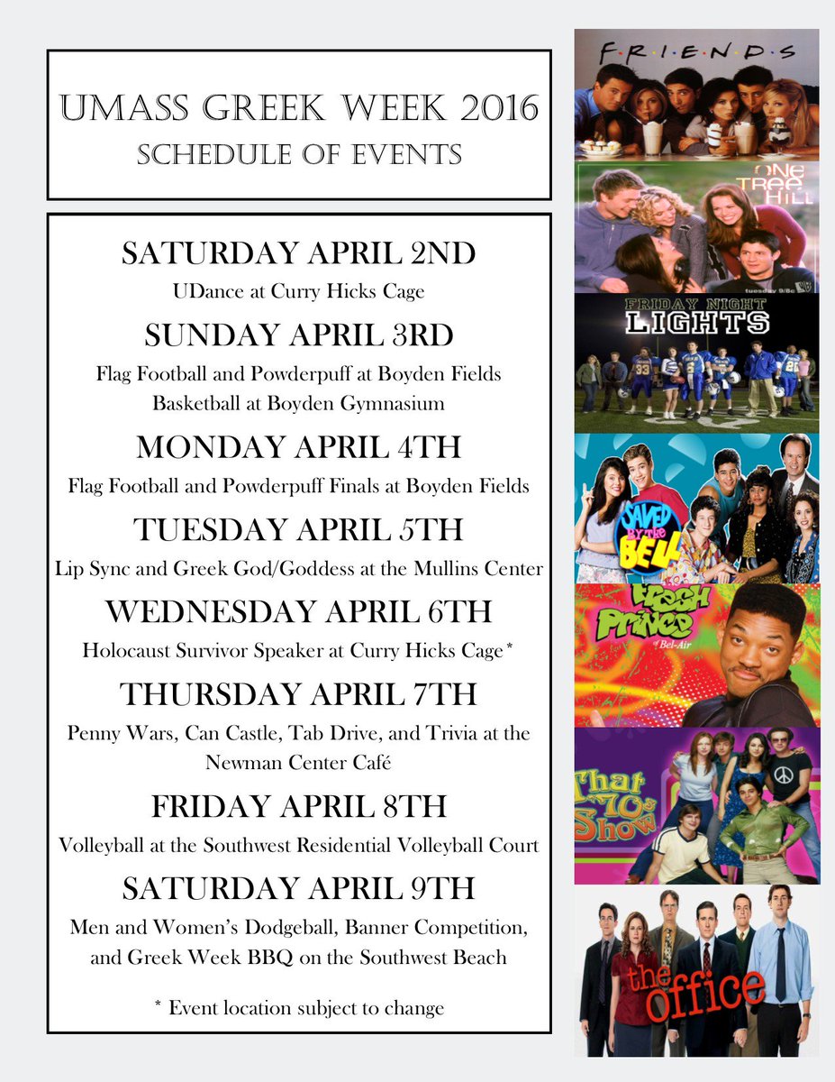 UMASSGreekWeek's tweet image. Here is this year's schedule of events! Only 8 more days until Greek Week!