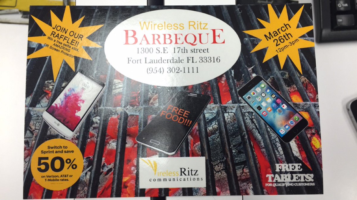 WRHarborShops's tweet photo. Wireless Ritz BBQ this Saturday! Come out enjoy great deals and free food! #wirelessritz #sprint #fortlauderdale https://t.co/BMhQpqJTt6