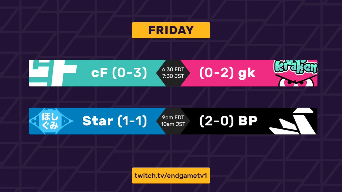 EndGame_TV's tweet photo. Today's #eSPL broadcast; @cF_Splatoon vs. @gksplatoon AND @HAO__STAR vs. @BP_Splatoon. https://t.co/683s8WbNdO https://t.co/J7ODYlCghE