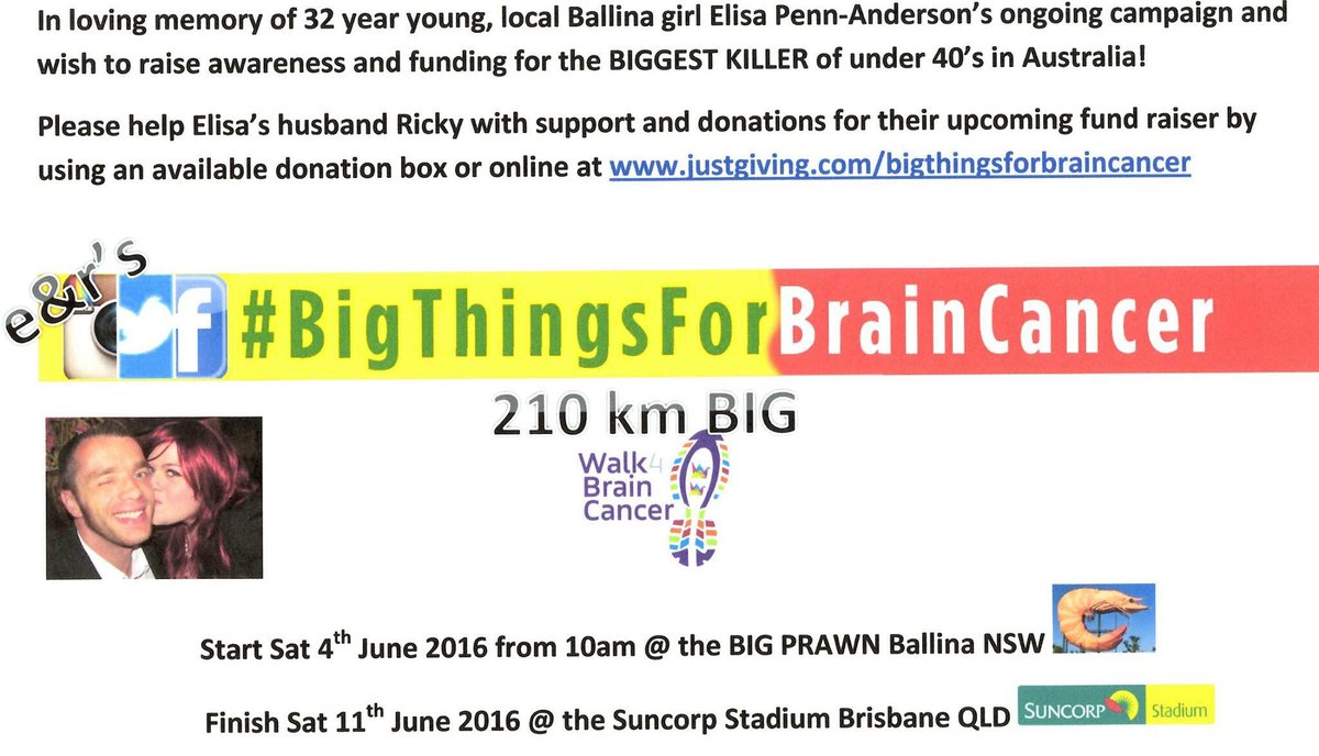 Chickstaone's tweet photo. Plz RT @BigThingsForBC walking 210km from Ballina to @suncorpstadium #BigThingsForBrainCancer https://t.co/XNQJxsv6GD