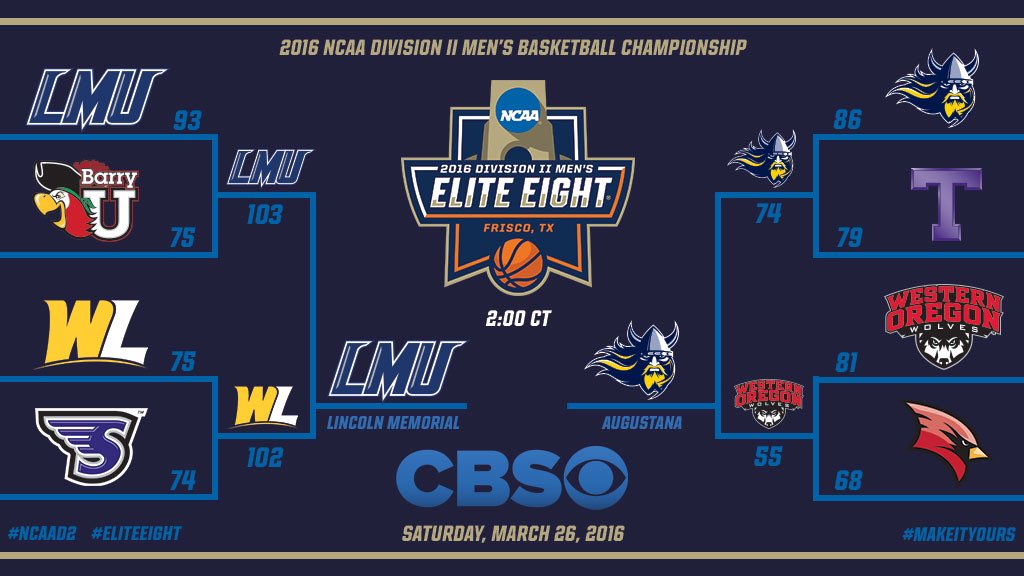 NCAADII's tweet photo. 2016 #NCAAD2 Men's Basketball Championship 🏆

No. 1 Lincoln Memorial
No. 2 Augustana

📺 @CBS 

Saturday 2 PM CT 🏀 https://t.co/JQ8DdKaJ9f