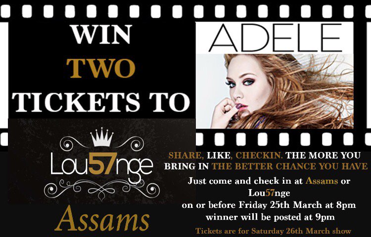 Lou57nge's tweet photo. Adele tickets2give away TONIGHT in the lounge for Saturday!VIP seats!All u have to do is like&amp; share our post on FB! https://t.co/GmFy4geFku