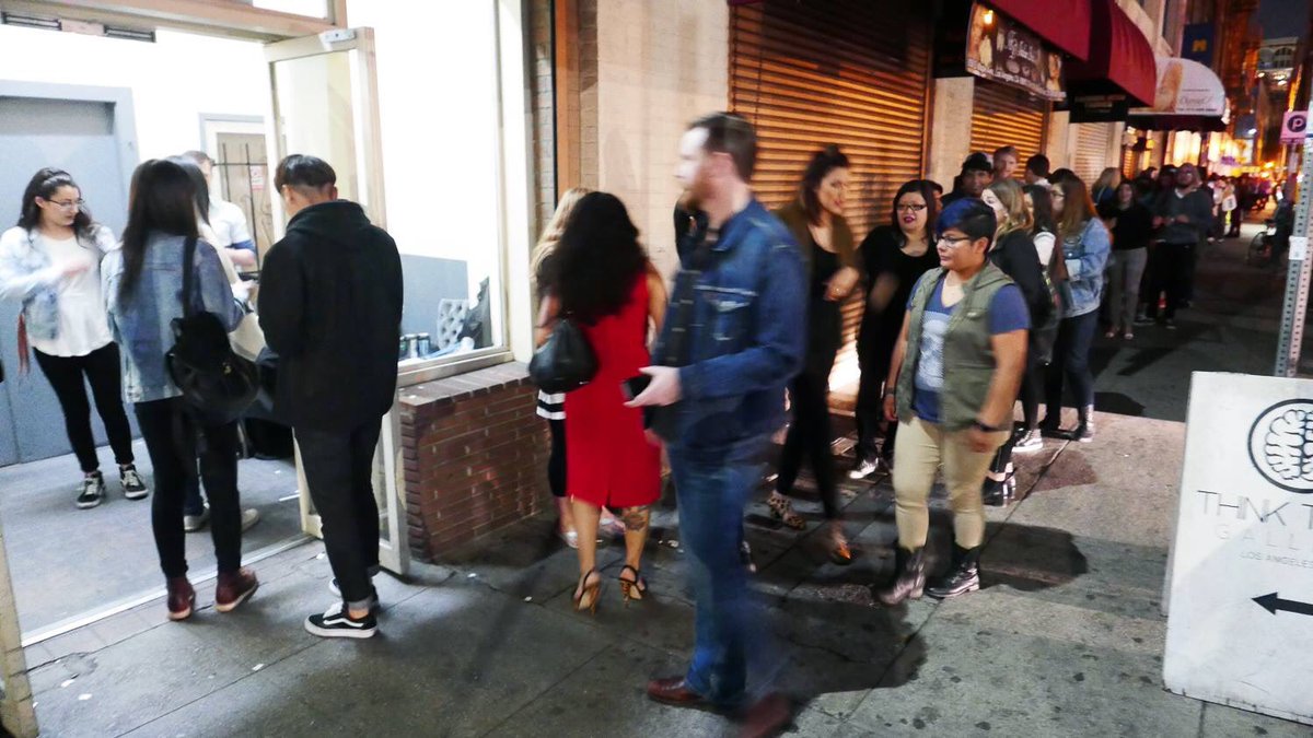 CatArtShowLA's tweet photo. The line last night at the opening of @CatArtShowLA . Open today 11-5! 939 maple avenue, 2nd floor, 90015 https://t.co/97GIacbjhU