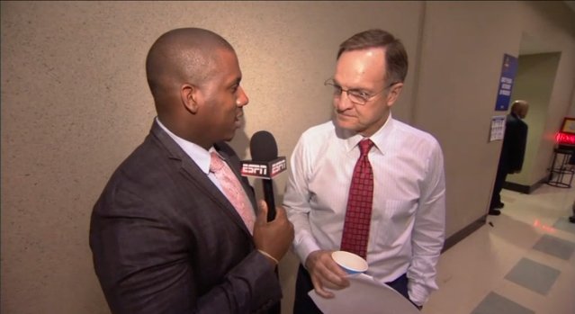 .@MedcalfByESPN interviewing @OU_MBBall HC @LonKruger on @espn after #OU's #Sweet16 win. #MarchMadness