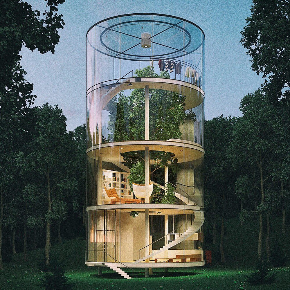 Aibek Almasov's cylindrical glass treehouse #architecture