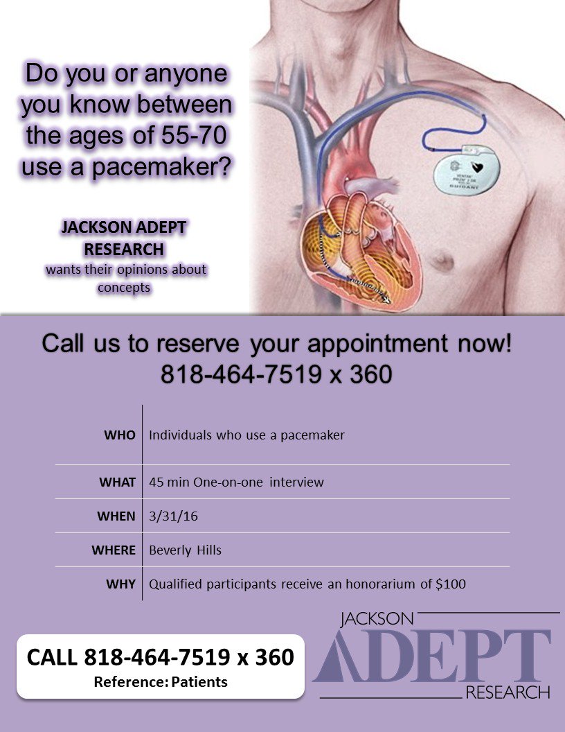 JacksonAdept's tweet image. If you or anyone you know between the ages of 55-70 currently use a pacemaker. Call us at 818-464-7519 ext.360.