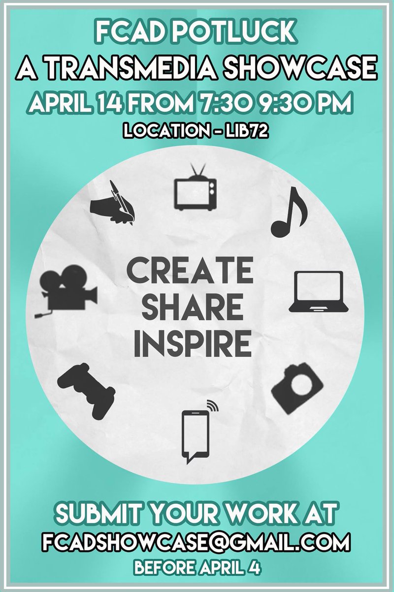 scsonline_'s tweet photo. FCAD's Transmedia Showcase is a great way to show off your creative work. Make sure you submit by April 4! https://t.co/QsSeB2zgcm