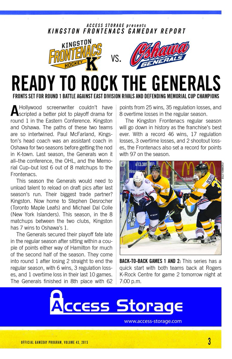 KingstonFronts's tweet photo. Check out tonight's #GameDay program for Game 1 of the 2016 #OHLPlayoffs @KROCKCentre >> https://t.co/Aa6HdoJYtA https://t.co/gjetvThCKc
