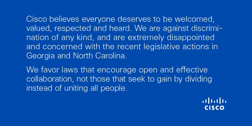 Cisco's tweet photo. Cisco is against discrimination of any kind. #WeAreNotThis #WeAreCisco https://t.co/Q4YjxeAMYL