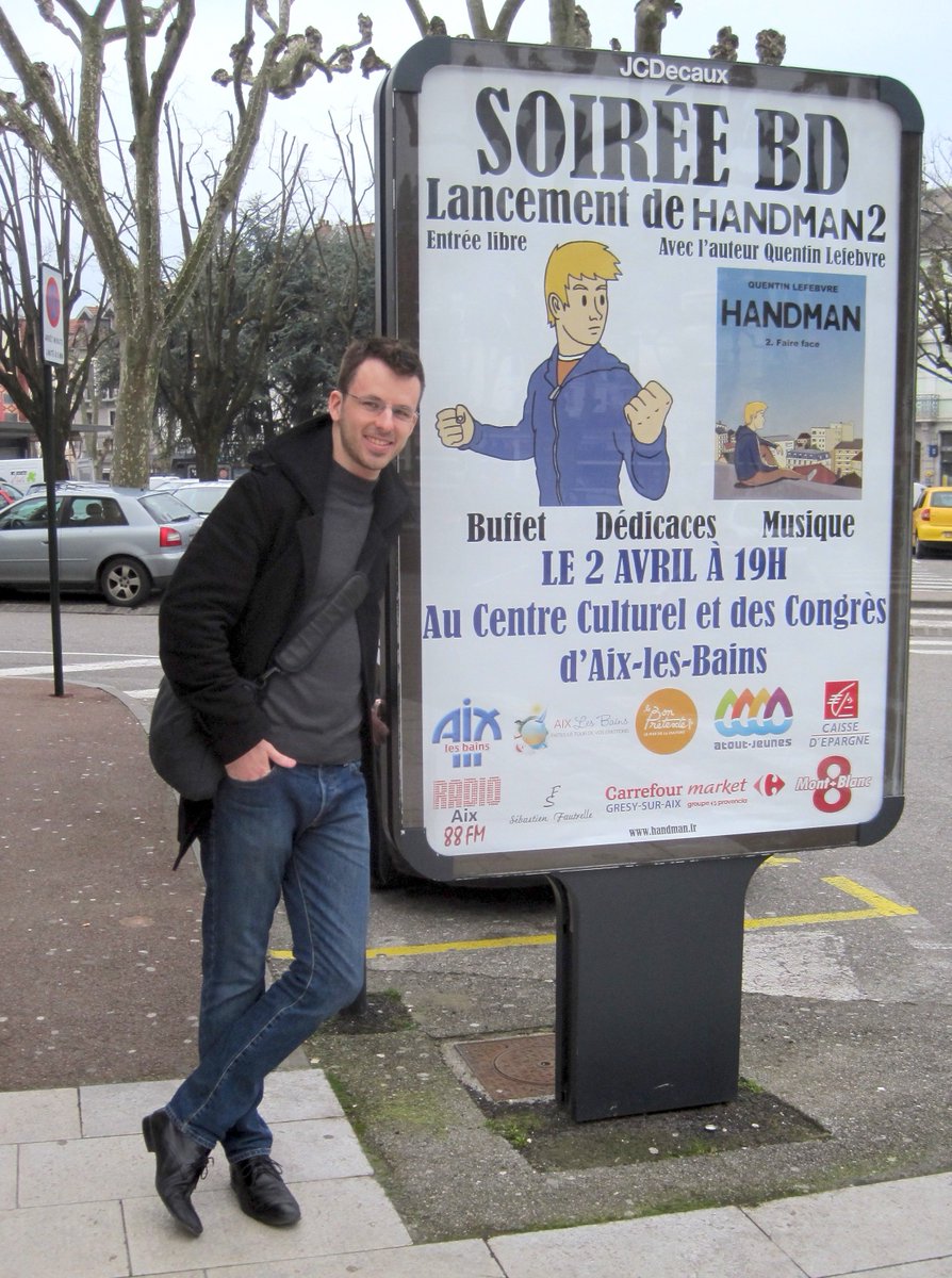 quent1lefebvre's tweet photo. l'#affiche de la #soirée de lancement de Handman 2 dans les rues d'#aixlesbains, ça fait plaisir :) RDV le 2 avril ! https://t.co/gWBSok0pCT