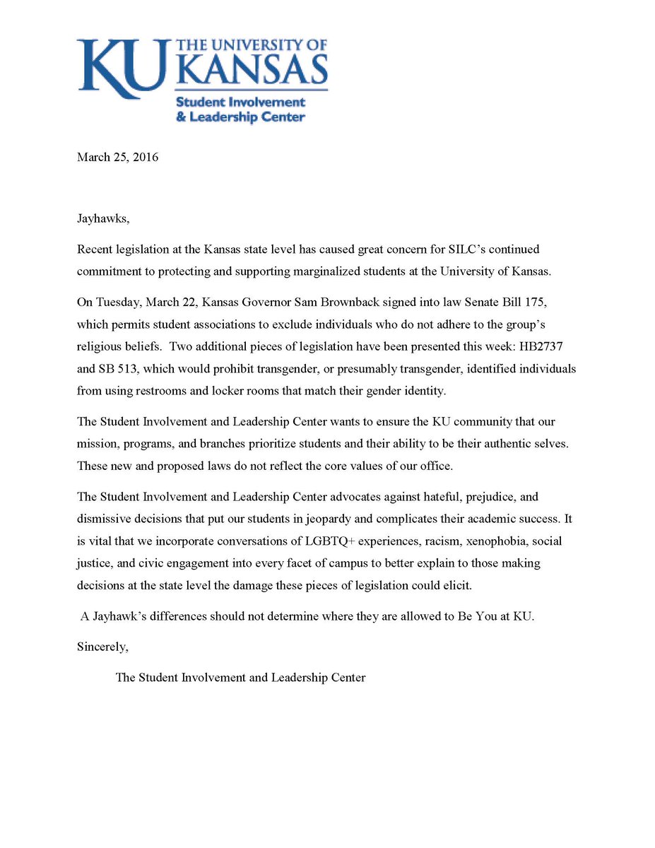 SGD_KU's tweet photo. #KUSILC STATEMENT: "A Jayhawk’s differences should not determine where they are allowed to Be You at #KU." #KULGBT https://t.co/RmPLex6yst